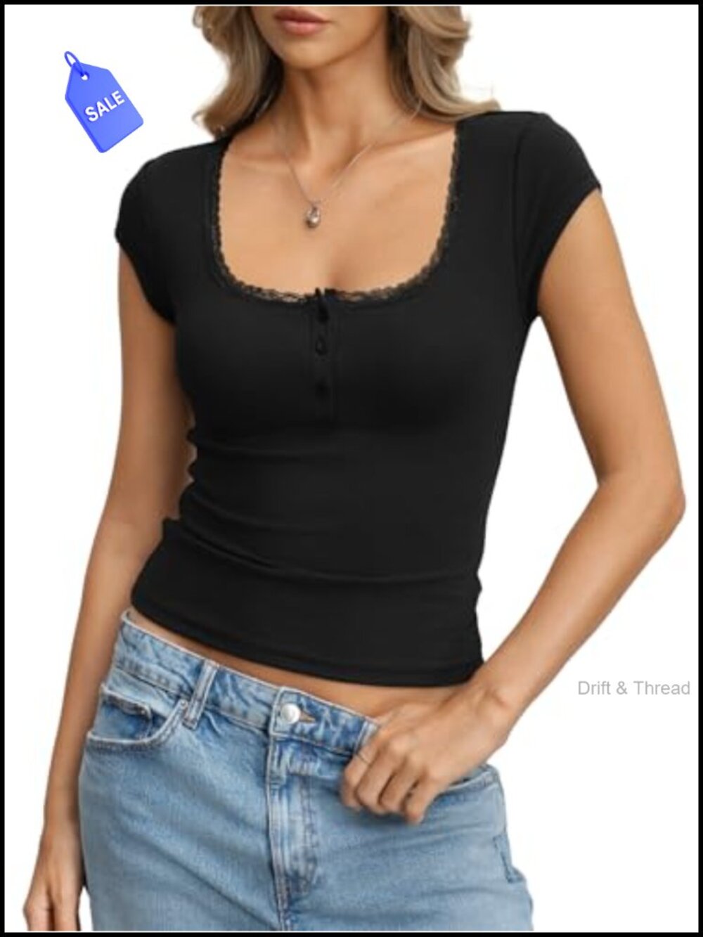Women's Cotton Ribbed Lace Henley Crop Top Cap Sleeve Y2k Going Out Tee